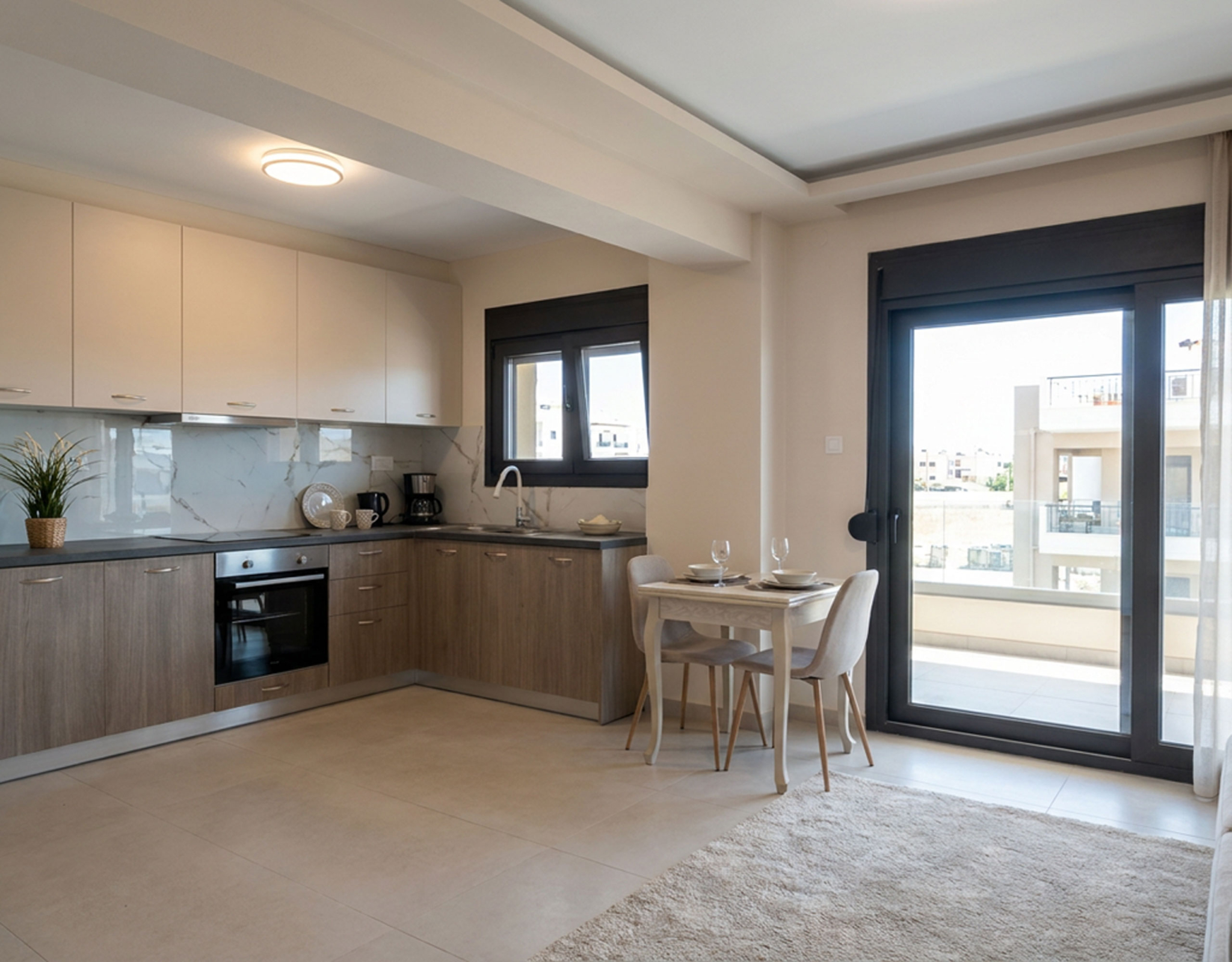 Open-Plan Kitchen & Dining with Balcony Access Newly built open-plan kitchen and dining area with balcony access in a duplex maisonette in Nea Ionia, Volos