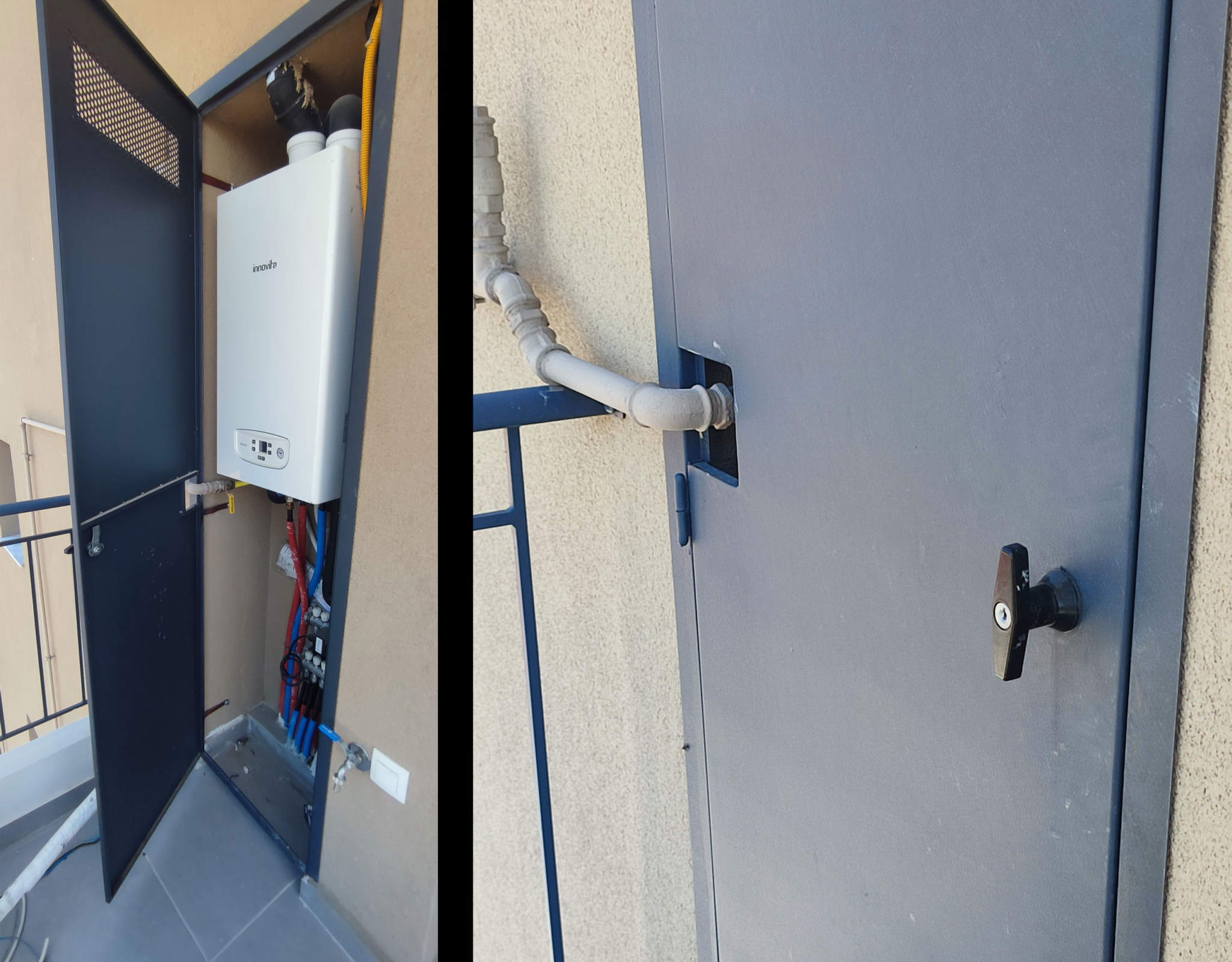 Individual Natural Gas Boiler (Protected Cabinet) Individual natural gas boiler installed in a protective metal cabinet on the balcony
