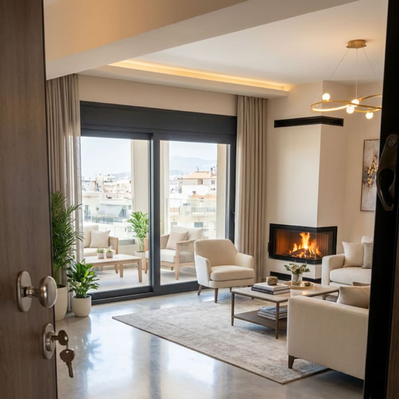 Virtually staged living room with energy fireplace and balcony doors (indicative layout)