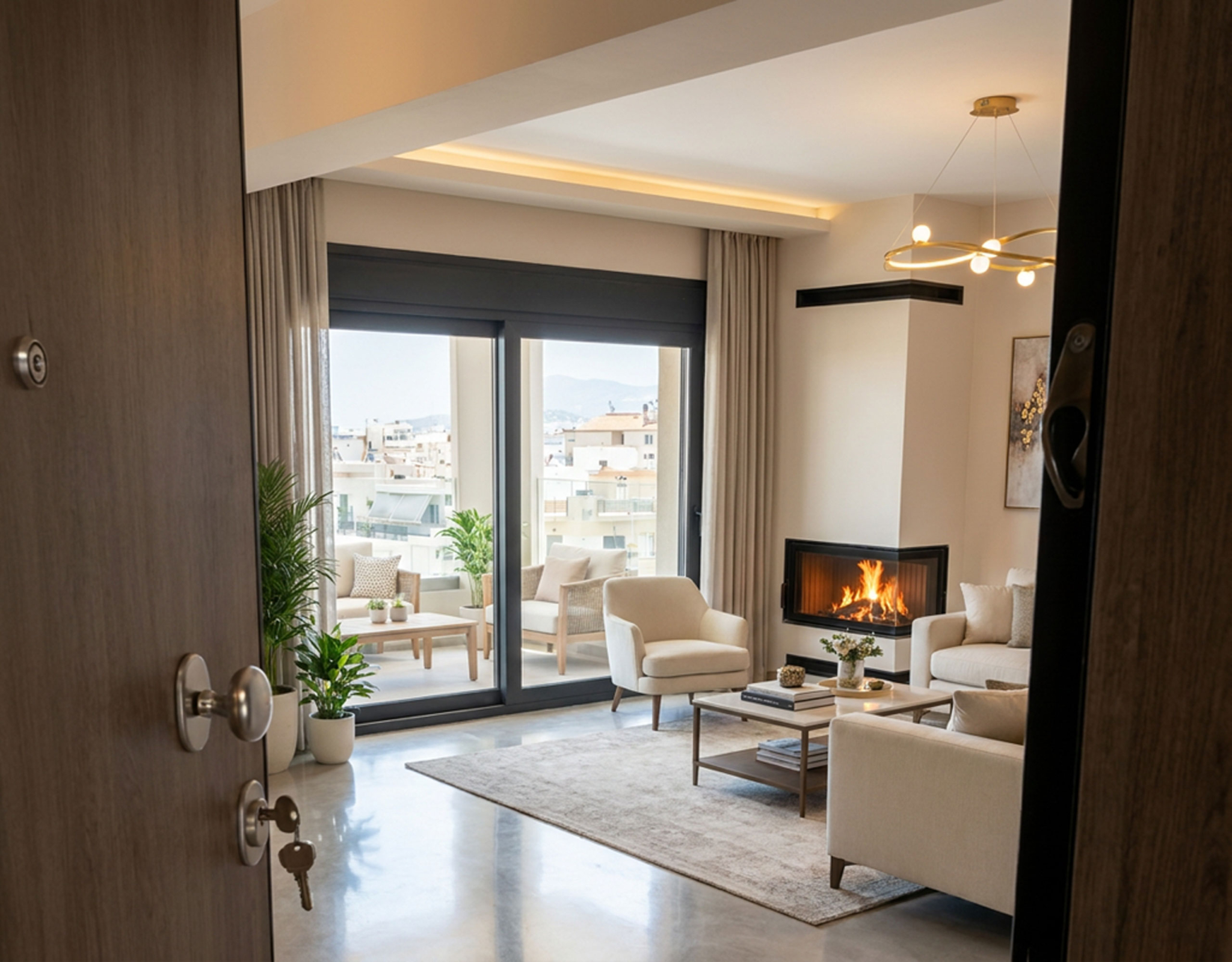 Living Room with Energy Fireplace (Virtual Staging) Virtually staged living room with energy fireplace and balcony doors (indicative layout)
