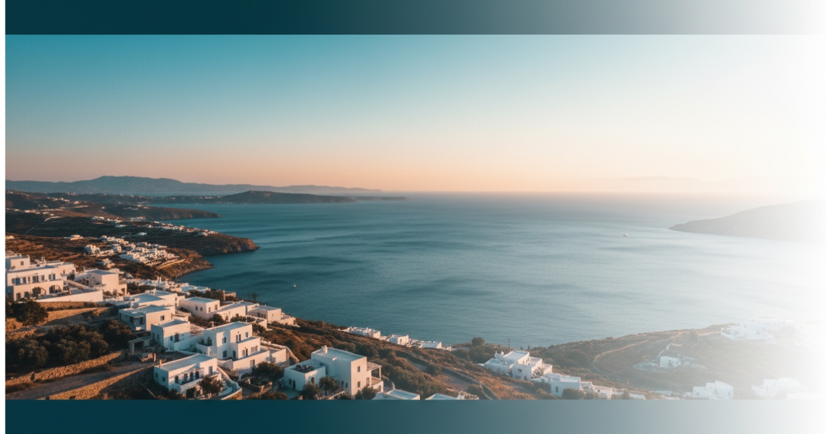 Aerial view of a Greek Cycladic island coastline with whitewashed buildings and the deep blue Aegean Sea at sunset.