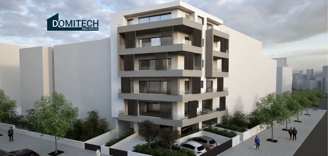 Street-level 3D view of a contemporary apartment building in Ano Patissia, Athens, featuring layered balconies, vertical façade screens, and landscaped frontage.
