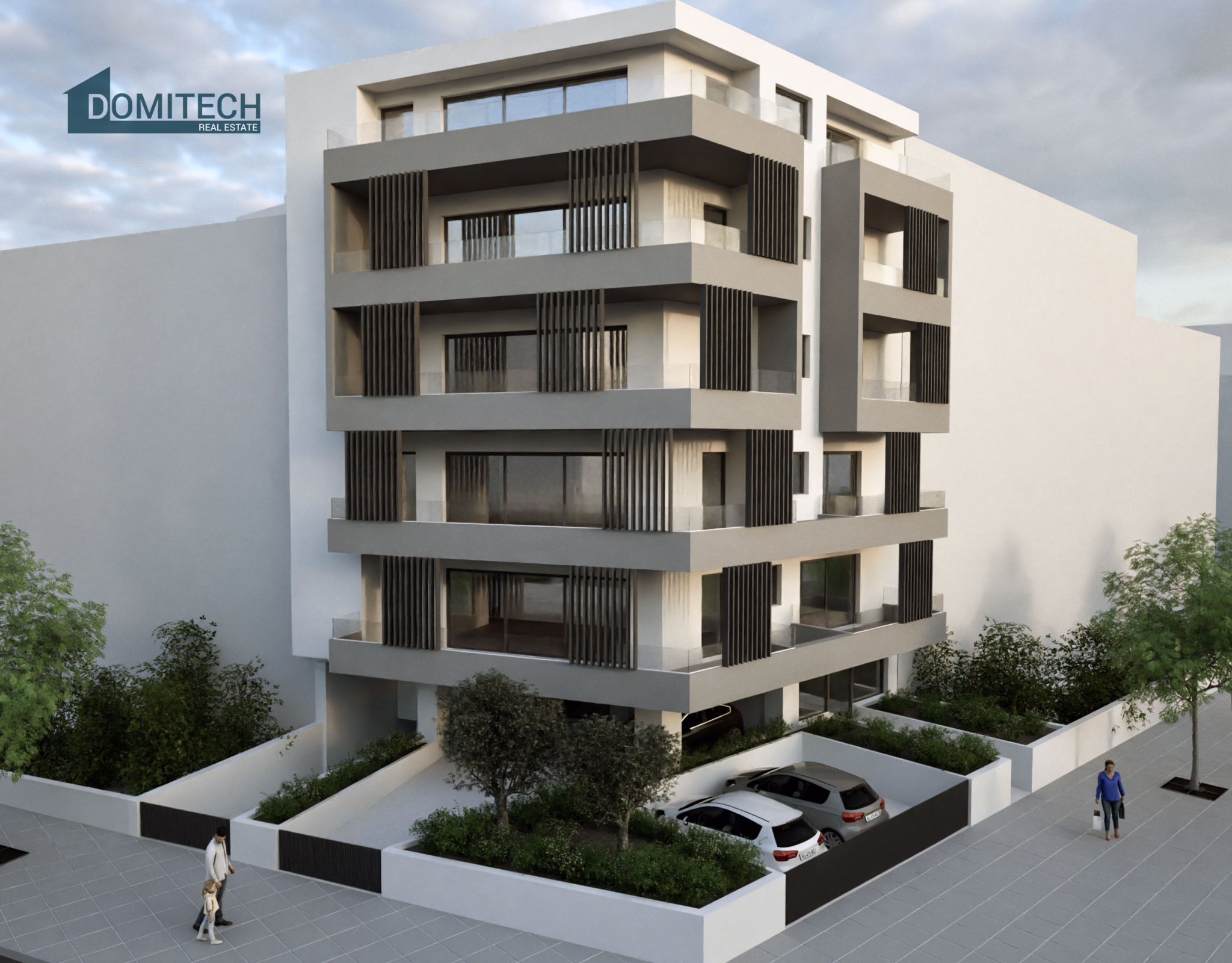 Front 3D rendering of a modern multi-storey residential development in Ano Patissia, Athens, with wide balconies, clean lines, and vertical sun-shading elements.