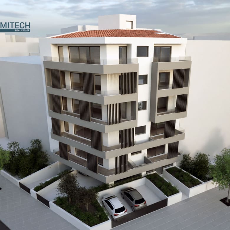 3D exterior rendering of a modern new-build residential building in Ano Patissia, Athens, with large balconies and vertical shading louvers.