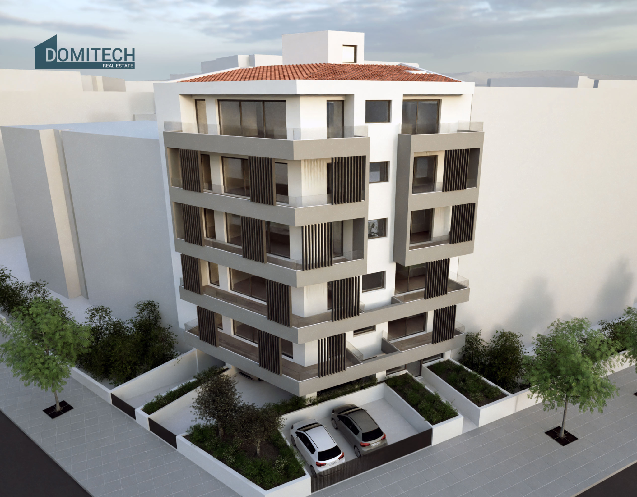 3D exterior rendering of a modern new-build residential building in Ano Patissia, Athens, with large balconies and vertical shading louvers.