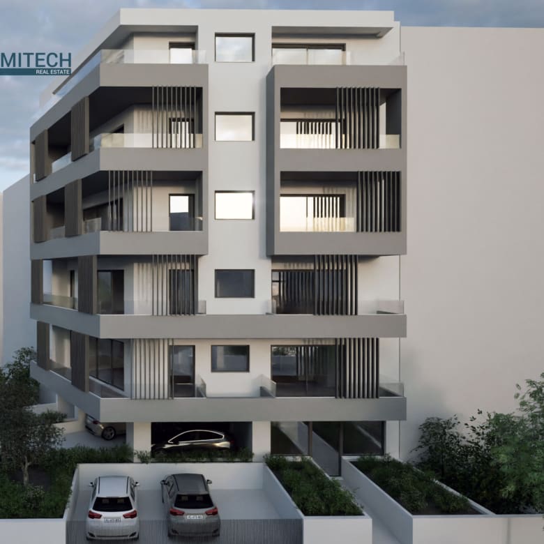 Front 3D rendering of a modern new-build apartment building in Ano Patissia, Athens, with deep balconies and vertical shading louvers.