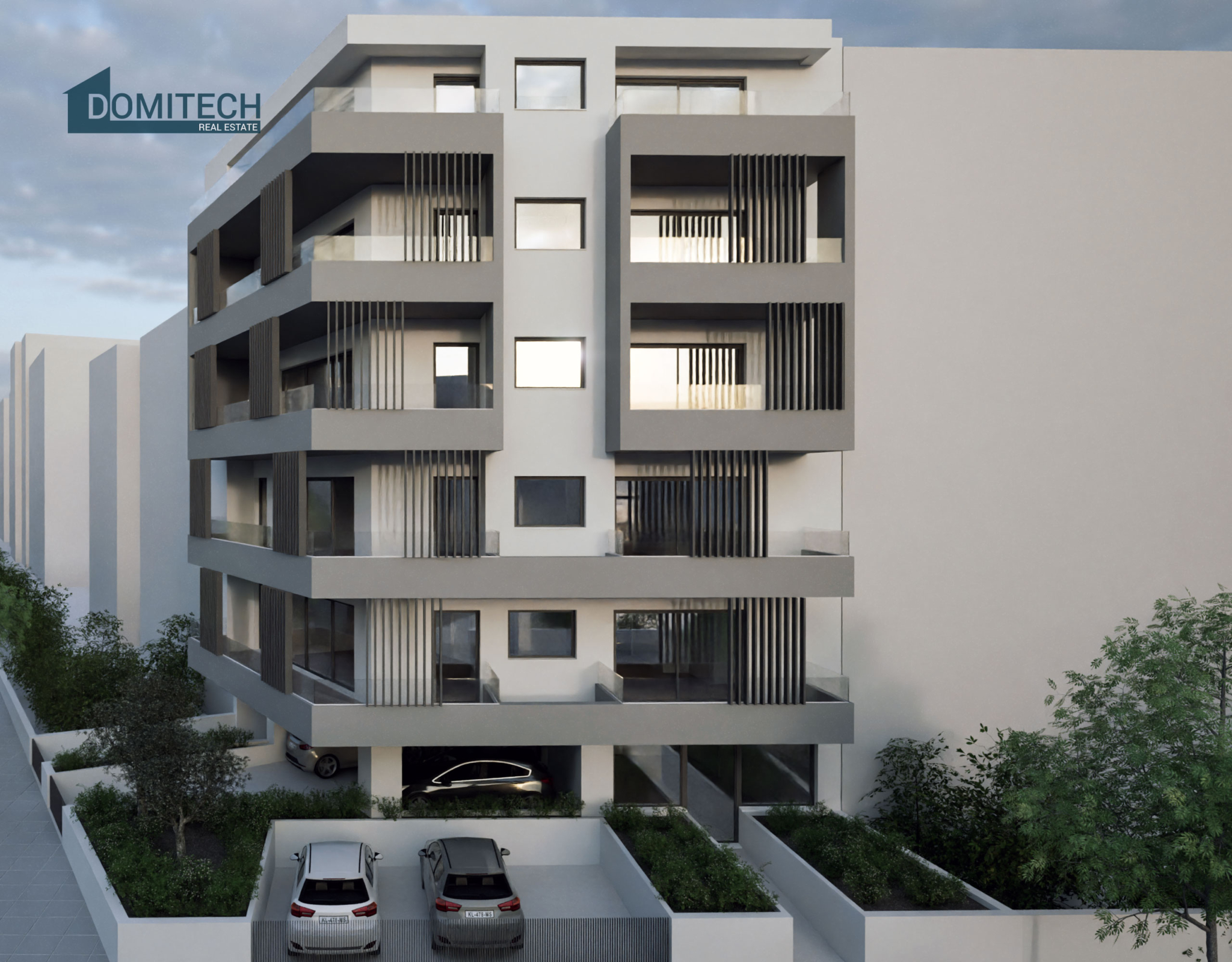 Front 3D rendering of a modern new-build apartment building in Ano Patissia, Athens, with deep balconies and vertical shading louvers.