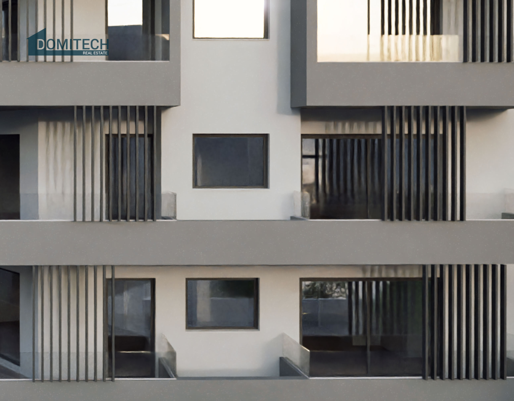 Close-up 3D rendering of the building façade showing balconies and vertical shading louvers in the new development in Ano Patissia, Athens.
